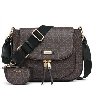 Calvin Klein Brown Monogram Crossbody Bag + Coin Pouch | Adjustable Strap